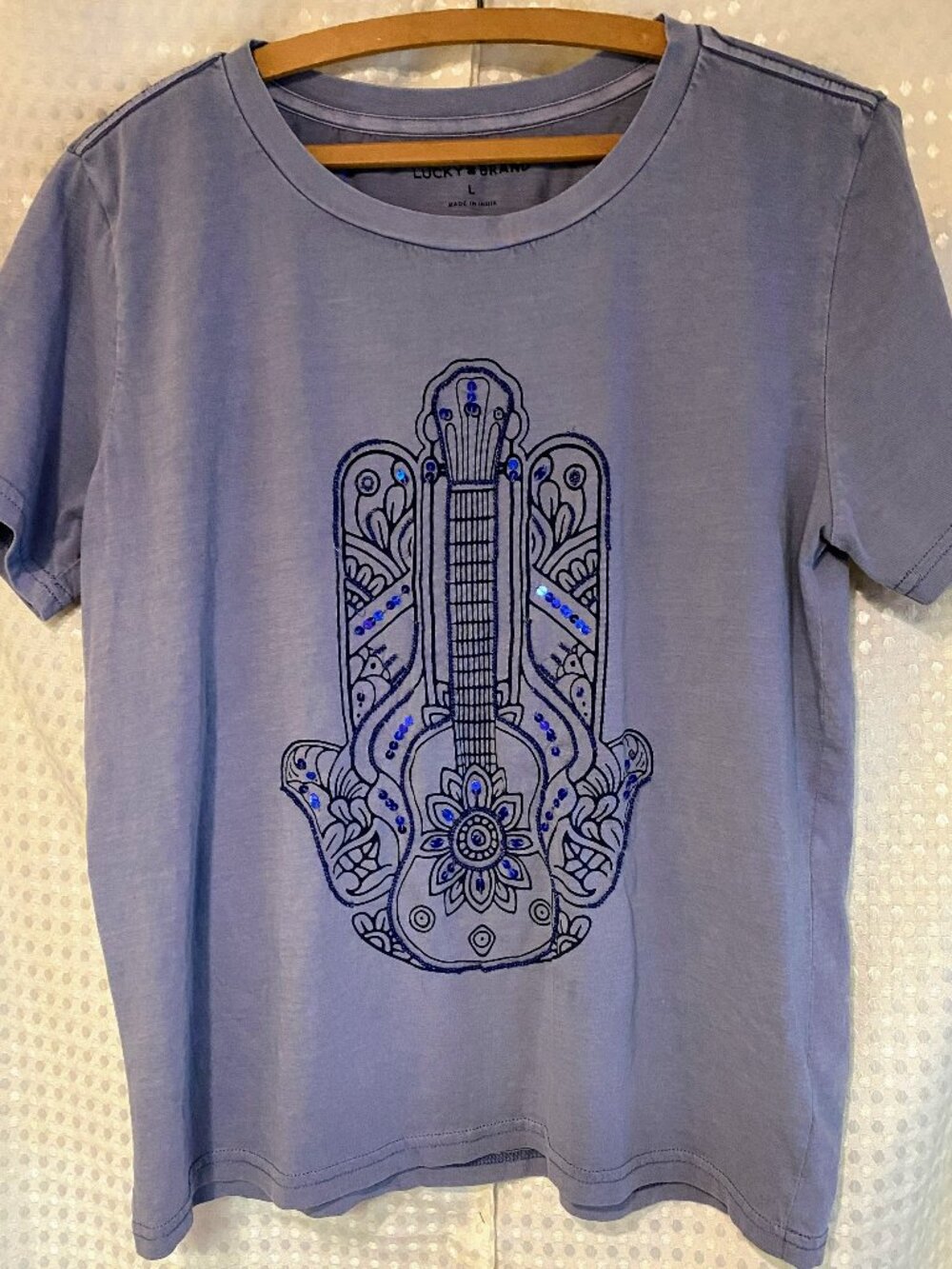 Lucky Brand Blue Hamsa Hand Guitar Graphic Embroidered Tee - Large